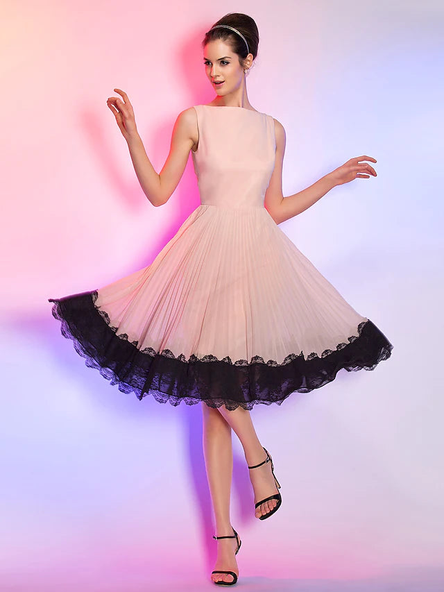 A-Linie Vintage Kleid Homecoming Knielang Ärmellos U-Boot-Ausschnitt Chiffon mit Spitzeneinsatz